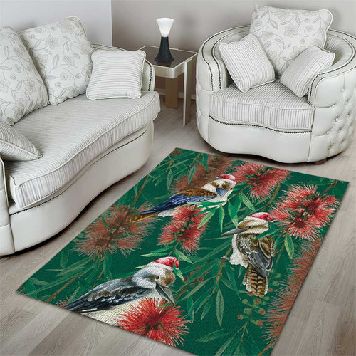 Australia Christmas Area Rug Kookaburra Santa on Callistemon - Forest Green
