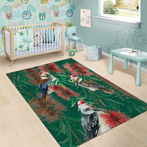Australia Christmas Area Rug Kookaburra Santa on Callistemon - Forest Green