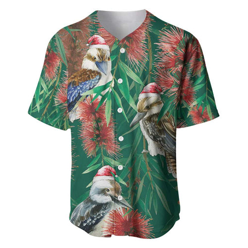 Australia Christmas Baseball Jersey Kookaburra Santa on Callistemon - Forest Green