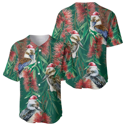 Australia Christmas Baseball Jersey Kookaburra Santa on Callistemon - Forest Green
