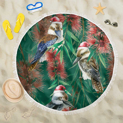 Australia Christmas Beach Blanket Kookaburra Santa on Callistemon - Forest Green