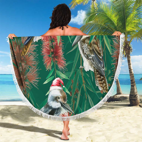 Australia Christmas Beach Blanket Kookaburra Santa on Callistemon - Forest Green