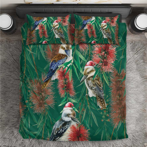 Australia Christmas Bedding Set Kookaburra Santa on Callistemon - Forest Green