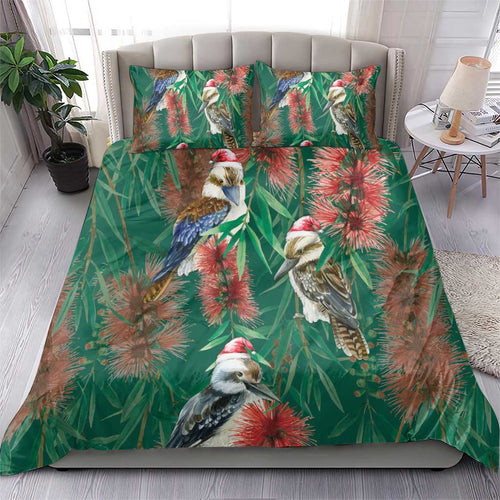 Australia Christmas Bedding Set Kookaburra Santa on Callistemon - Forest Green