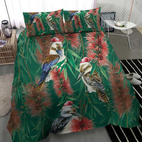 Australia Christmas Bedding Set Kookaburra Santa on Callistemon - Forest Green
