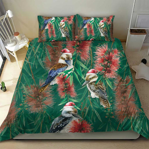 Australia Christmas Bedding Set Kookaburra Santa on Callistemon - Forest Green