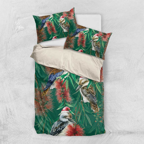 Australia Christmas Bedding Set Kookaburra Santa on Callistemon - Forest Green