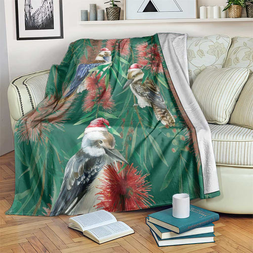 Australia Christmas Blanket Kookaburra Santa on Callistemon - Forest Green