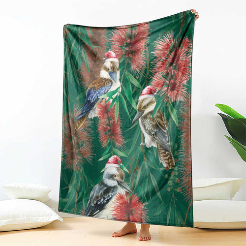 Australia Christmas Blanket Kookaburra Santa on Callistemon - Forest Green