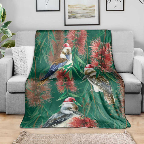 Australia Christmas Blanket Kookaburra Santa on Callistemon - Forest Green