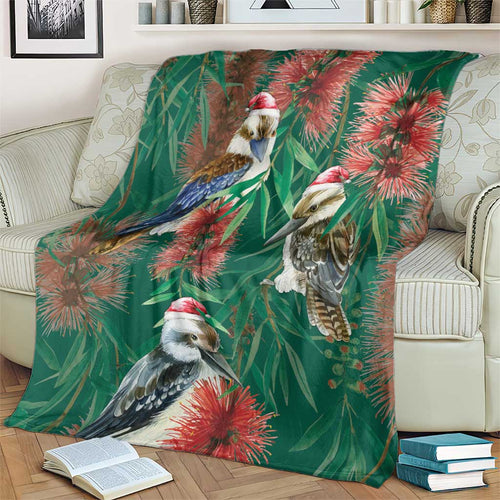 Australia Christmas Blanket Kookaburra Santa on Callistemon - Forest Green