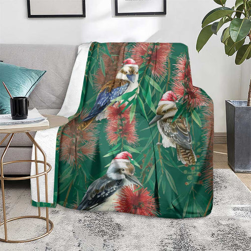 Australia Christmas Blanket Kookaburra Santa on Callistemon - Forest Green