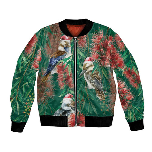 Australia Christmas Bomber Jacket Kookaburra Santa on Callistemon - Forest Green