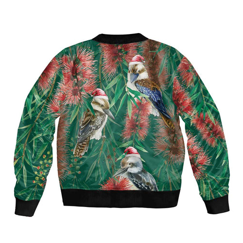 Australia Christmas Bomber Jacket Kookaburra Santa on Callistemon - Forest Green