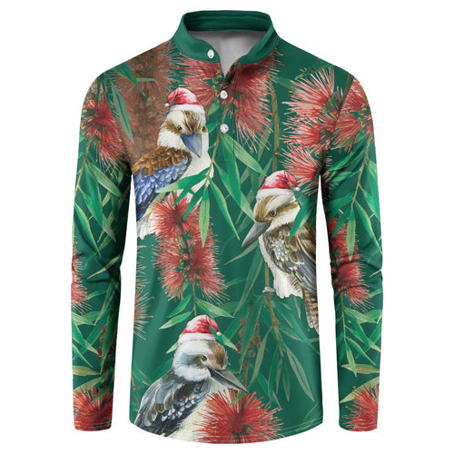 Australia Christmas Button Sweatshirt Kookaburra Santa on Callistemon - Forest Green