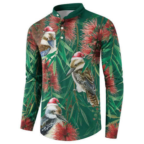 Australia Christmas Button Sweatshirt Kookaburra Santa on Callistemon - Forest Green