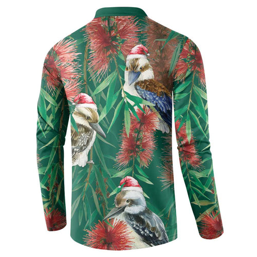 Australia Christmas Button Sweatshirt Kookaburra Santa on Callistemon - Forest Green