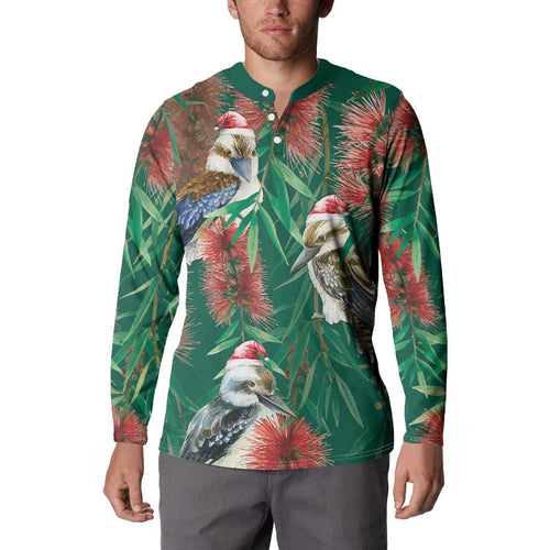 Australia Christmas Button Sweatshirt Kookaburra Santa on Callistemon - Forest Green