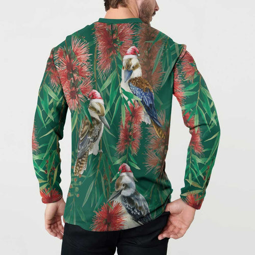 Australia Christmas Button Sweatshirt Kookaburra Santa on Callistemon - Forest Green