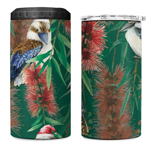 Australia Christmas 4 in 1 Can Cooler Tumbler Kookaburra Santa on Callistemon - Forest Green