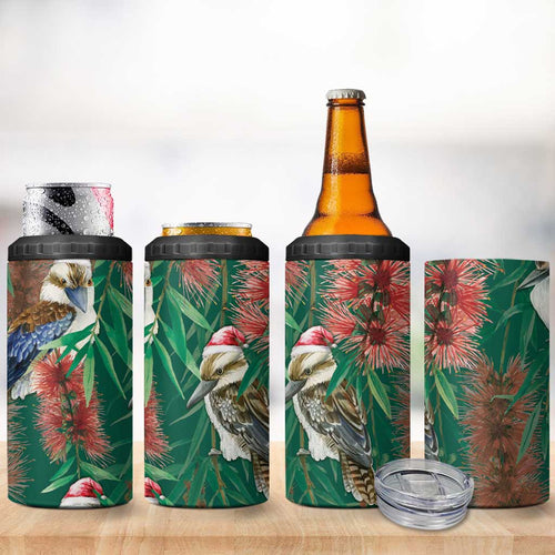 Australia Christmas 4 in 1 Can Cooler Tumbler Kookaburra Santa on Callistemon - Forest Green