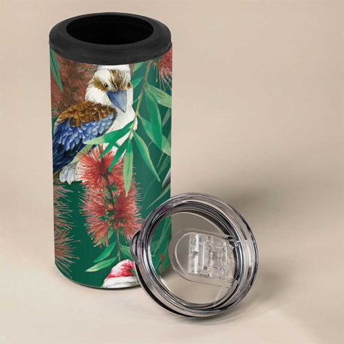 Australia Christmas 4 in 1 Can Cooler Tumbler Kookaburra Santa on Callistemon - Forest Green