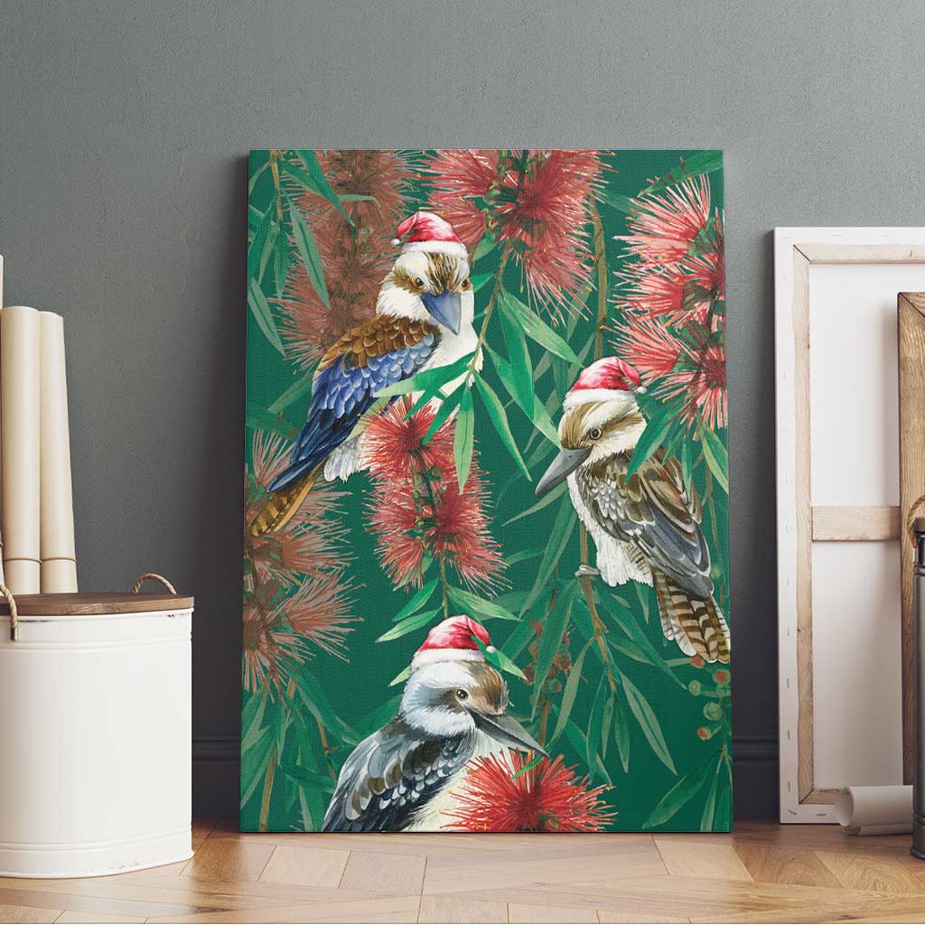 Australia Christmas Canvas Wall Art Kookaburra Santa on Callistemon - Forest Green