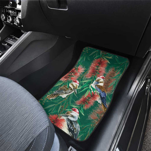 Australia Christmas Car Mats Kookaburra Santa on Callistemon - Forest Green