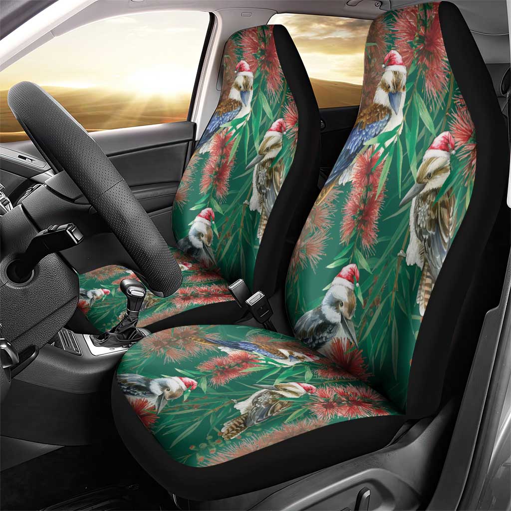 Australia Christmas Car Seat Cover Kookaburra Santa on Callistemon - Forest Green