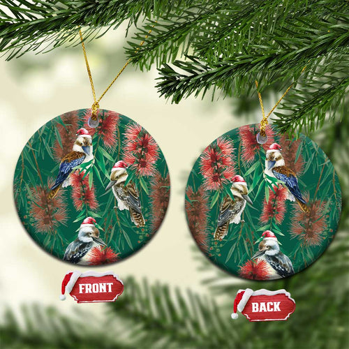 Australia Christmas Ceramic Ornament Kookaburra Santa on Callistemon - Forest Green
