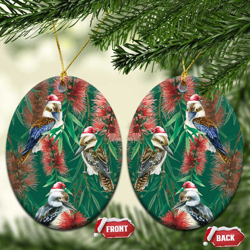 Australia Christmas Ceramic Ornament Kookaburra Santa on Callistemon - Forest Green