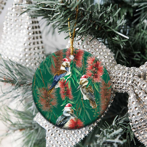 Australia Christmas Ceramic Ornament Kookaburra Santa on Callistemon - Forest Green