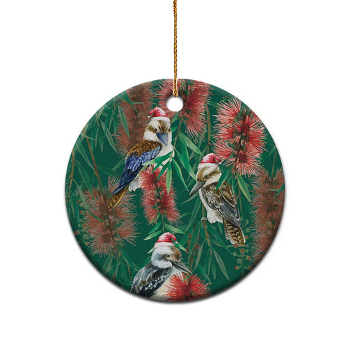 Australia Christmas Ceramic Ornament Kookaburra Santa on Callistemon - Forest Green