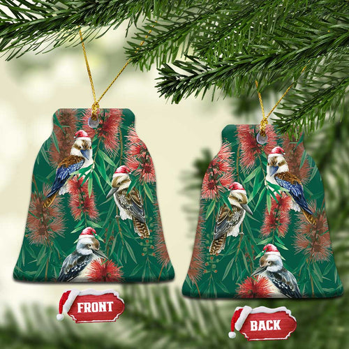 Australia Christmas Ceramic Ornament Kookaburra Santa on Callistemon - Forest Green