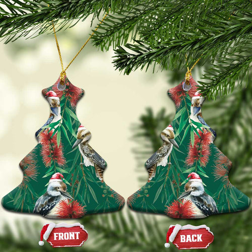 Australia Christmas Ceramic Ornament Kookaburra Santa on Callistemon - Forest Green