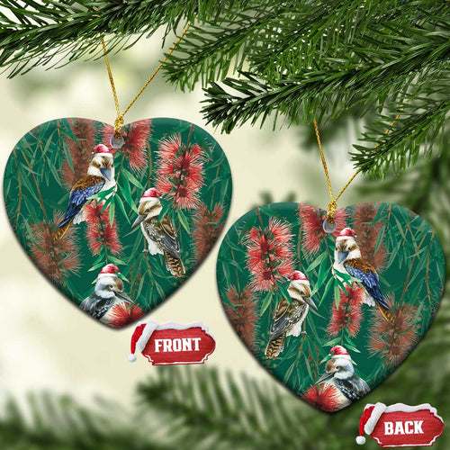 Australia Christmas Ceramic Ornament Kookaburra Santa on Callistemon - Forest Green