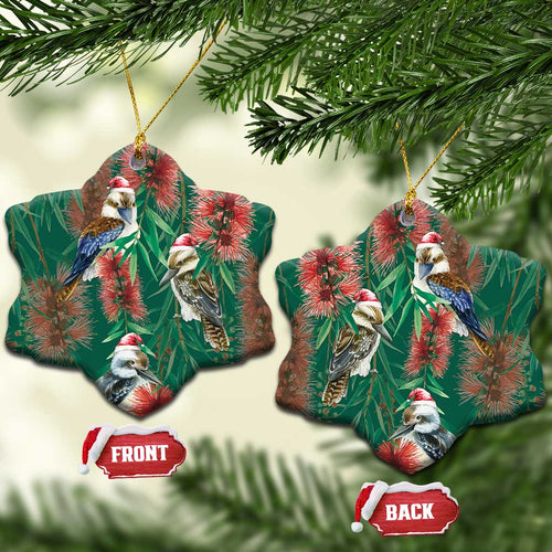 Australia Christmas Ceramic Ornament Kookaburra Santa on Callistemon - Forest Green