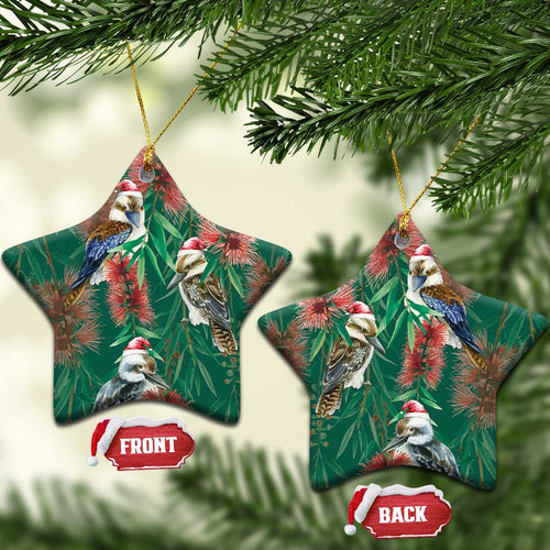 Australia Christmas Ceramic Ornament Kookaburra Santa on Callistemon - Forest Green