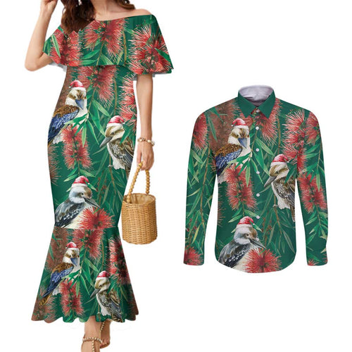 Australia Christmas Couples Matching Mermaid Dress and Long Sleeve Button Shirt Kookaburra Santa on Callistemon - Forest Green