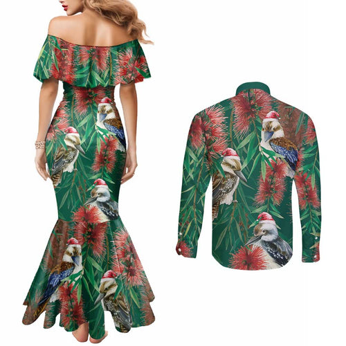 Australia Christmas Couples Matching Mermaid Dress and Long Sleeve Button Shirt Kookaburra Santa on Callistemon - Forest Green