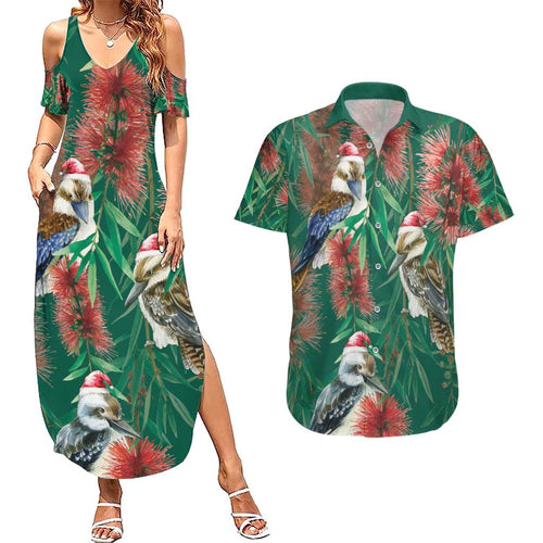 Australia Christmas Couples Matching Summer Maxi Dress and Hawaiian Shirt Kookaburra Santa on Callistemon - Forest Green
