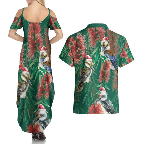 Australia Christmas Couples Matching Summer Maxi Dress and Hawaiian Shirt Kookaburra Santa on Callistemon - Forest Green