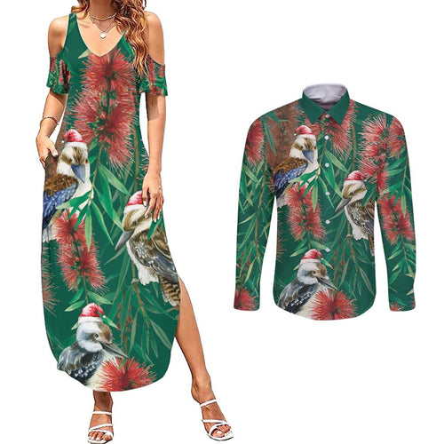 Australia Christmas Couples Matching Summer Maxi Dress and Long Sleeve Button Shirt Kookaburra Santa on Callistemon - Forest Green