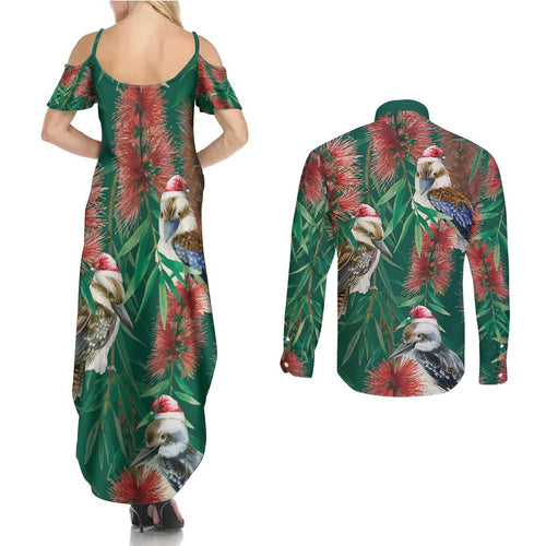 Australia Christmas Couples Matching Summer Maxi Dress and Long Sleeve Button Shirt Kookaburra Santa on Callistemon - Forest Green
