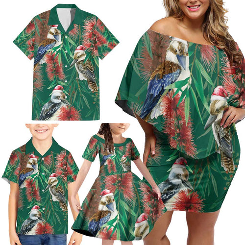 Australia Christmas Family Matching Off Shoulder Short Dress and Hawaiian Shirt Kookaburra Santa on Callistemon - Forest Green
