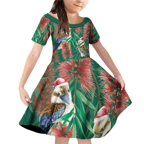Australia Christmas Family Matching Off Shoulder Short Dress and Hawaiian Shirt Kookaburra Santa on Callistemon - Forest Green