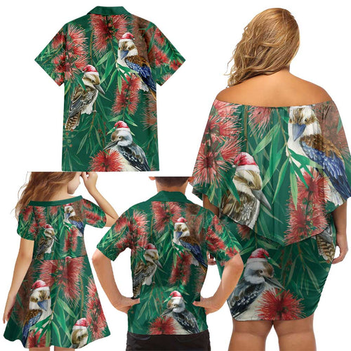 Australia Christmas Family Matching Off Shoulder Short Dress and Hawaiian Shirt Kookaburra Santa on Callistemon - Forest Green