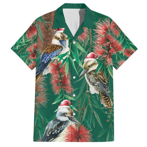 Australia Christmas Family Matching Off Shoulder Short Dress and Hawaiian Shirt Kookaburra Santa on Callistemon - Forest Green