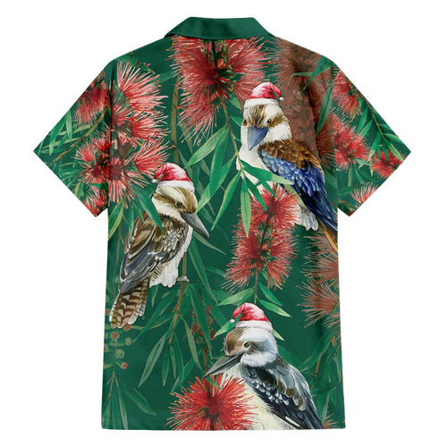 Australia Christmas Family Matching Off Shoulder Short Dress and Hawaiian Shirt Kookaburra Santa on Callistemon - Forest Green