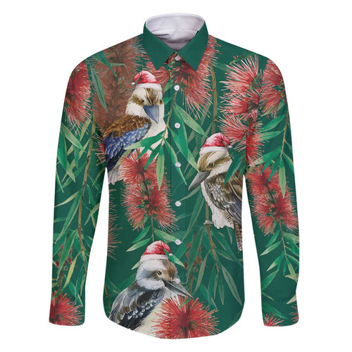 Australia Christmas Family Matching Off Shoulder Short Dress and Hawaiian Shirt Kookaburra Santa on Callistemon - Forest Green